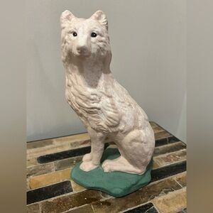 Ceramic White Wolf Figurine on Green Base